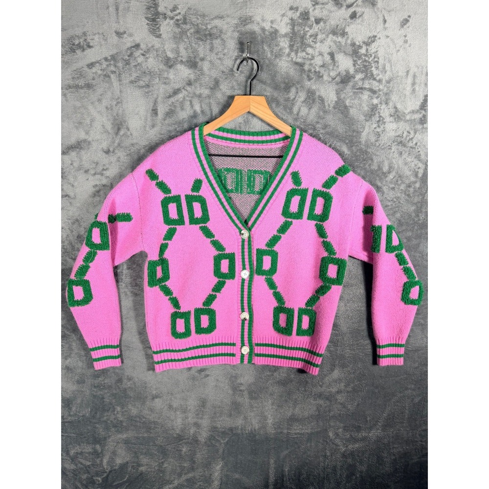 Womens Cardigan Sweater Size S Pink‎ Green Geometric Knit Button Front